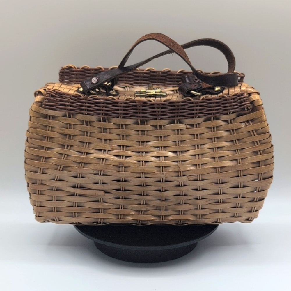 Vintage Brown Woven Basket Handbag With Leather Straps